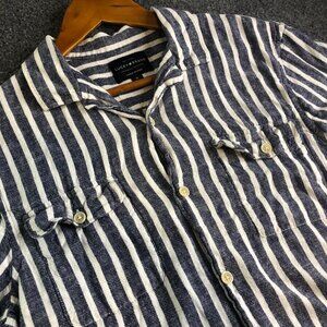 Lucky Brand Shirt Mens M Blue Linen Blend Short Sleeve Button Pocket Camp Collar